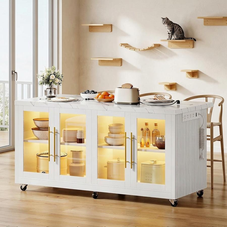 55-Inch Kitchen Island with Storage and LED