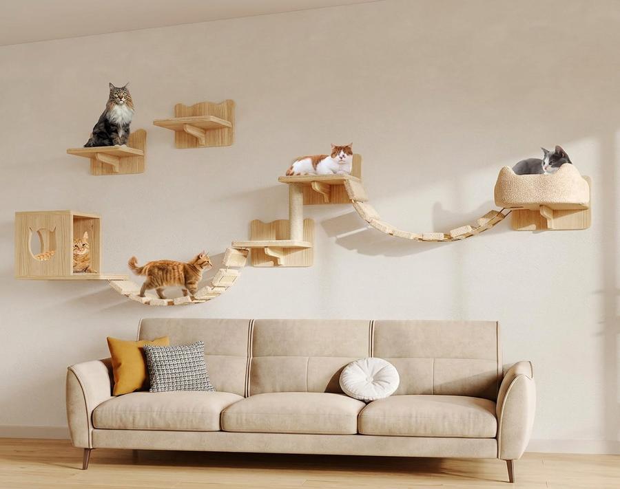 9-in-1 Cat Wall Shelves with Bridge, Beige